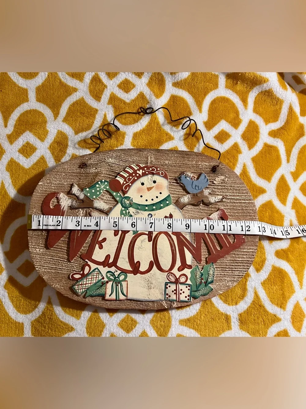 Welcome Snowman Holiday Door Plaque - Rustic Tan, Green & Red